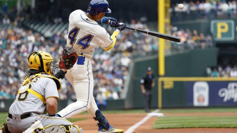 May 28, 2023; Seattle, Washington, USA; Seattle Mariners center fielder Julio Rodriguez (44) hits a solo-home run against the Pittsburgh Pirates during the first inning at T-Mobile Park. Mandatory Credit: Joe Nicholson-USA TODAY Sports