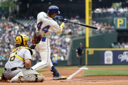 May 28, 2023; Seattle, Washington, USA; Seattle Mariners center fielder Julio Rodriguez (44) hits a solo-home run against the Pittsburgh Pirates during the first inning at T-Mobile Park. Mandatory Credit: Joe Nicholson-USA TODAY Sports