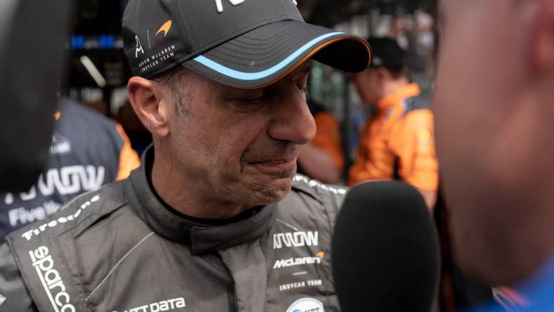 Arrow McLaren SP driver Tony Kanaan (66) gets emotional as he's interviewed Sunday, May 28, 2023, after finishing 16th in the 107th running of the Indianapolis 500 at Indianapolis Motor Speedway.