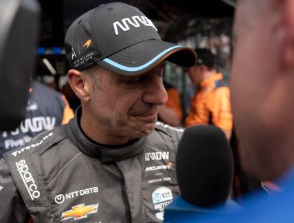 Arrow McLaren SP driver Tony Kanaan (66) gets emotional as he's interviewed Sunday, May 28, 2023, after finishing 16th in the 107th running of the Indianapolis 500 at Indianapolis Motor Speedway.