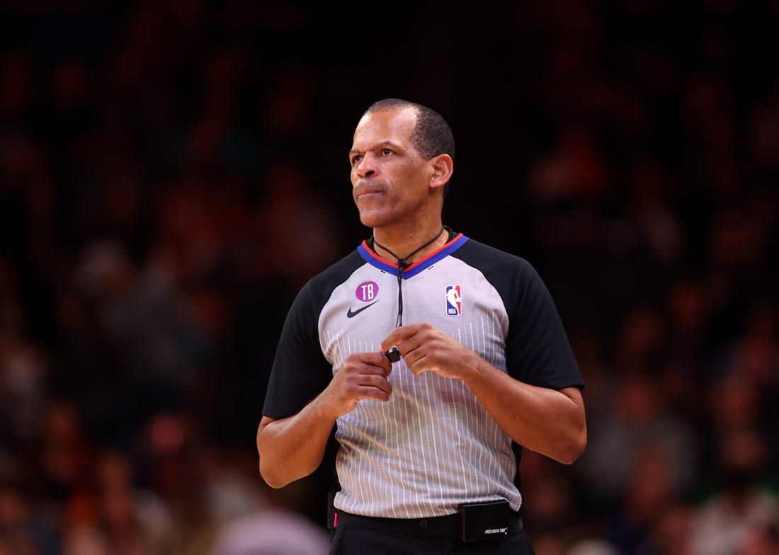 Feb 1, 2023; Phoenix, Arizona, USA; NBA referee Eric Lewis  during the Atlanta Hawks game against the Phoenix Suns at Footprint Center. Mandatory Credit: Mark J. Rebilas-USA TODAY Sports