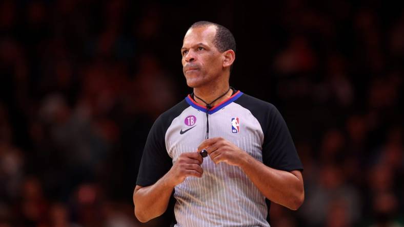 Feb 1, 2023; Phoenix, Arizona, USA; NBA referee Eric Lewis  during the Atlanta Hawks game against the Phoenix Suns at Footprint Center. Mandatory Credit: Mark J. Rebilas-USA TODAY Sports