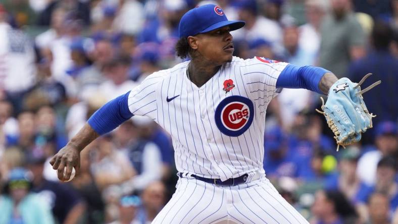 May 29, 2023; Chicago, Illinois, USA; Chicago Cubs starting pitcher Marcus Stroman (0) throws the ball against the Tampa Bay Rays during the first inning at Wrigley Field. Mandatory Credit: David Banks-USA TODAY Sports