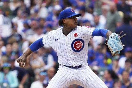 May 29, 2023; Chicago, Illinois, USA; Chicago Cubs starting pitcher Marcus Stroman (0) throws the ball against the Tampa Bay Rays during the first inning at Wrigley Field. Mandatory Credit: David Banks-USA TODAY Sports