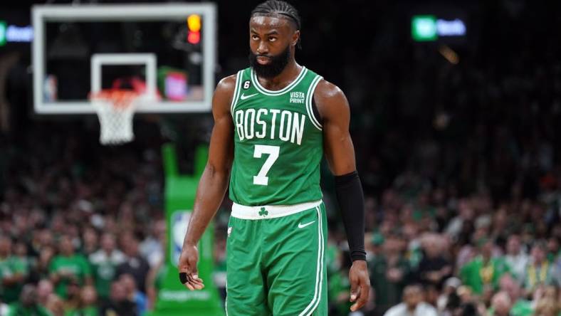 May 29, 2023; Boston, Massachusetts, USA; Boston Celtics guard Jaylen Brown (7) reacts in the second quarter against the Miami Heat during game seven of the Eastern Conference Finals for the 2023 NBA playoffs at TD Garden. Mandatory Credit: David Butler II-USA TODAY Sports