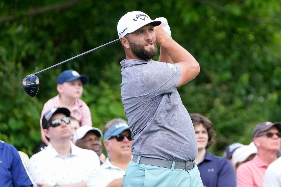 May 30, 2023; Dublin, Ohio, USA;  Jon Rahm tees off on 15 during a practice round for the Memorial Tournament at Muirlfield Village Golf Club.