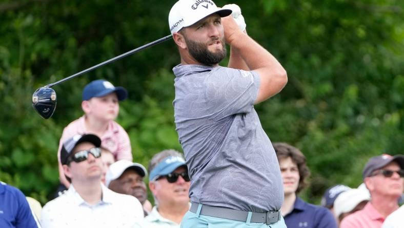 May 30, 2023; Dublin, Ohio, USA;  Jon Rahm tees off on 15 during a practice round for the Memorial Tournament at Muirlfield Village Golf Club.