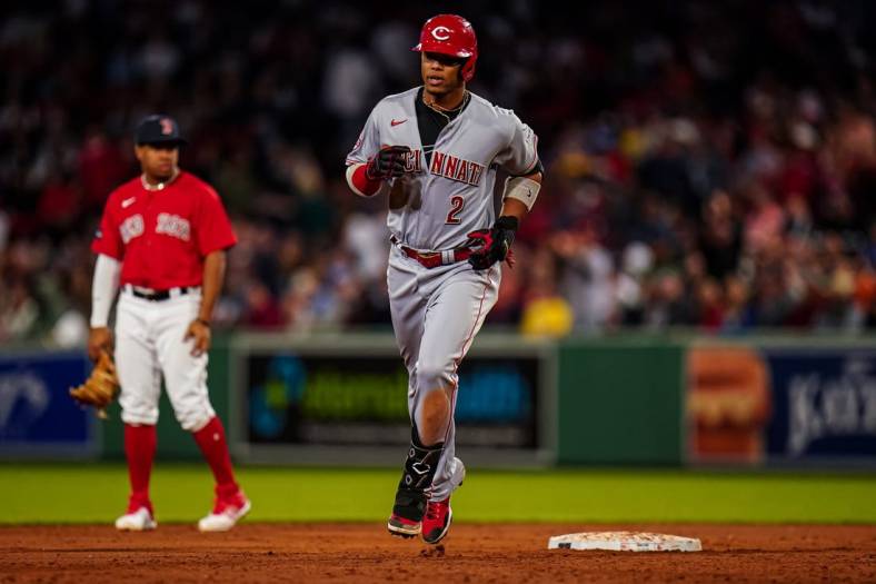 May 30, 2023; Boston, Massachusetts, USA; Cincinnati Reds shortstop Jose Barrero (2) hits a grand slam against the Boston Red Sox in the seventh inning at Fenway Park. Mandatory Credit: David Butler II-USA TODAY Sports