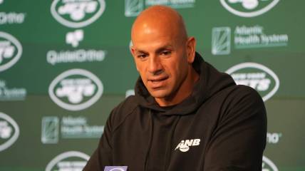 Florham Park, NJ May 31, 2023 -- Jets head coach Robert Saleh addresses the media on the last day of Jets OTA's.