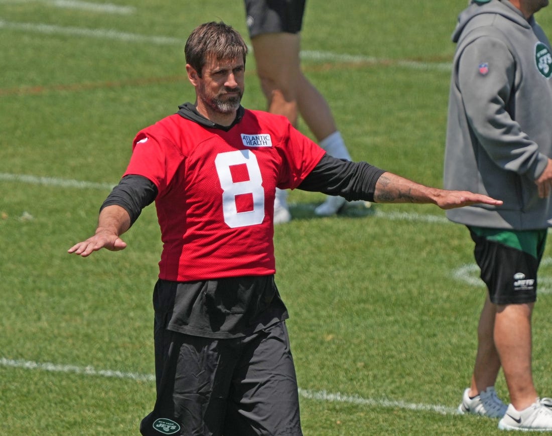 Florham Park, NJ May 31, 2023 -- Quarterback, Aaron Rodgers on the last day of Jets OTA's.