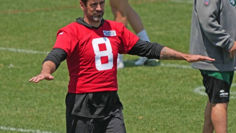 Florham Park, NJ May 31, 2023 -- Quarterback, Aaron Rodgers on the last day of Jets OTA's.