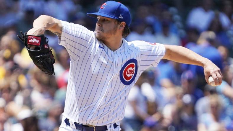 May 31, 2023; Chicago, Illinois, USA; Chicago Cubs starting pitcher Justin Steele (35) throws the ball against the Tampa Bay Rays during the first inning at Wrigley Field. Mandatory Credit: David Banks-USA TODAY Sports