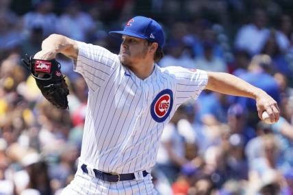 May 31, 2023; Chicago, Illinois, USA; Chicago Cubs starting pitcher Justin Steele (35) throws the ball against the Tampa Bay Rays during the first inning at Wrigley Field. Mandatory Credit: David Banks-USA TODAY Sports