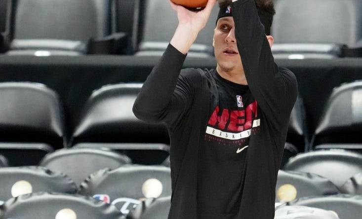 May 31, 2023; Denver, CO, USA; Miami Heat guard Tyler Herro (14) shoots the ball during a practice session on media day before the 2023 NBA Finals at Ball Arena. Mandatory Credit: Kyle Terada-USA TODAY Sports