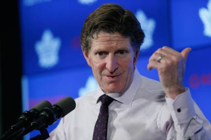 Sep 28, 2019; Toronto, Ontario, CAN; Toronto Maple Leafs head coach Mike Babcock talks to the media after a win over the Detroit Red Wings at Scotiabank Arena. Mandatory Credit: John E. Sokolowski-USA TODAY Sports