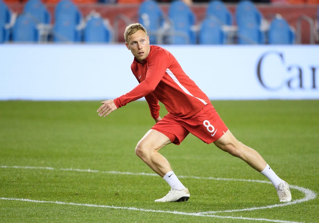 Oct 15, 2019; Toronto, Ontario, CAN; Canada midfielder Scott Arfield (8) warms up before a CONCACAF Nations League soccer match against the USA at BMO Field. Mandatory Credit: Nick Turchiaro-USA TODAY Sports