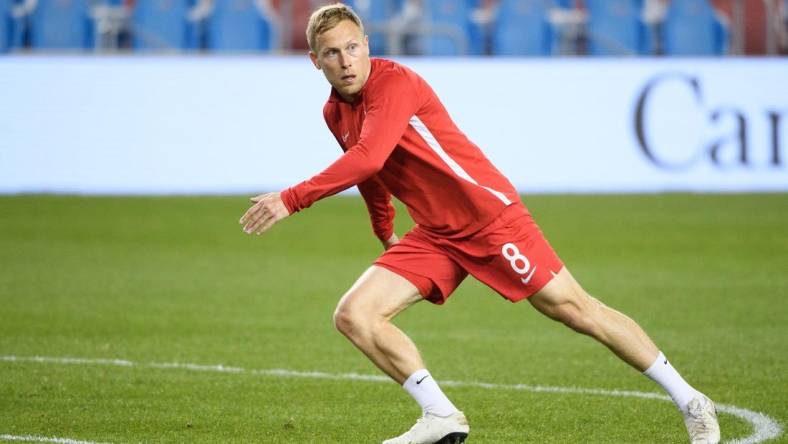 Oct 15, 2019; Toronto, Ontario, CAN; Canada midfielder Scott Arfield (8) warms up before a CONCACAF Nations League soccer match against the USA at BMO Field. Mandatory Credit: Nick Turchiaro-USA TODAY Sports