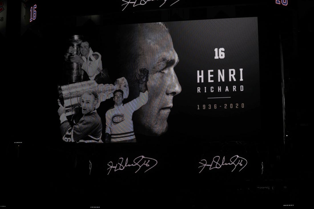 Mar 10, 2020; Montreal, Quebec, CAN; View of the billboard as Montreal Canadiens team honored former player Henri Richard before the game against Nashville Predators at Bell Centre. Mandatory Credit: Jean-Yves Ahern-USA TODAY Sports