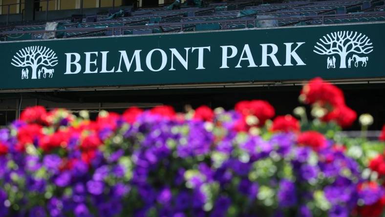 Jun 16, 2020; Elmont, New York, USA; General view of a Belmont Park sign and flowers at Belmont Park. Mandatory Credit: Brad Penner-USA TODAY Sports