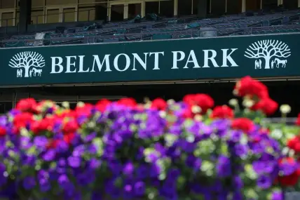 Jun 16, 2020; Elmont, New York, USA; General view of a Belmont Park sign and flowers at Belmont Park. Mandatory Credit: Brad Penner-USA TODAY Sports