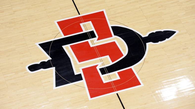 Jan 7, 2021; San Diego, California, USA; A detailed view of the San Diego State Aztecs logo at mid court before the game against the Nevada Wolf Pack at Viejas Arena. Mandatory Credit: Orlando Ramirez-USA TODAY Sports