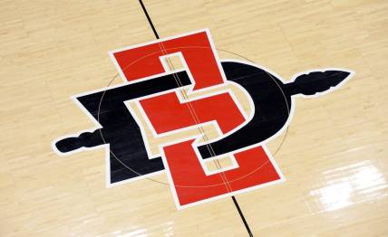 Jan 7, 2021; San Diego, California, USA; A detailed view of the San Diego State Aztecs logo at mid court before the game against the Nevada Wolf Pack at Viejas Arena. Mandatory Credit: Orlando Ramirez-USA TODAY Sports