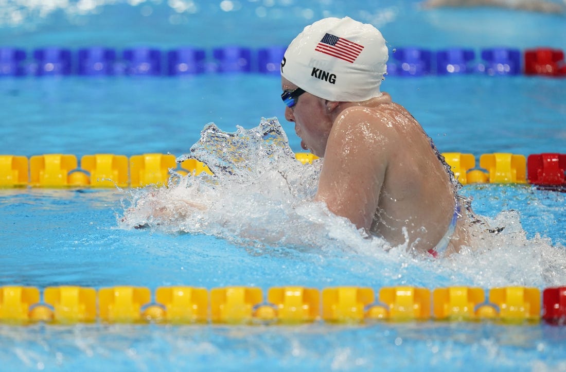 Jul 30, 2021; Tokyo, Japan; Lilly King (USA) in the women's 4x100m medley relay heats during the Tokyo 2020 Olympic Summer Games at Tokyo Aquatics Centre. Mandatory Credit: Grace Hollars-USA TODAY Sports