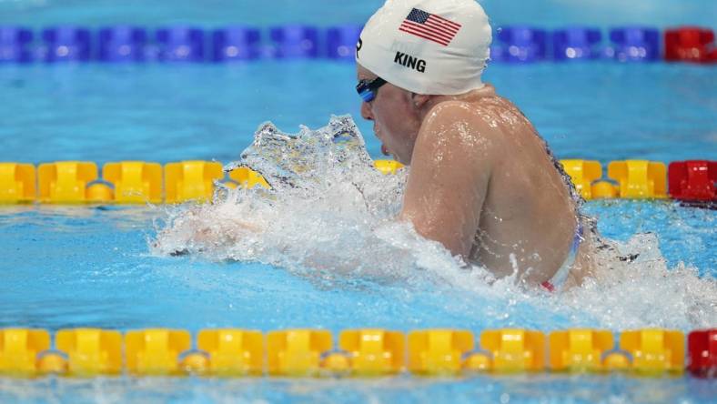 Jul 30, 2021; Tokyo, Japan; Lilly King (USA) in the women's 4x100m medley relay heats during the Tokyo 2020 Olympic Summer Games at Tokyo Aquatics Centre. Mandatory Credit: Grace Hollars-USA TODAY Sports