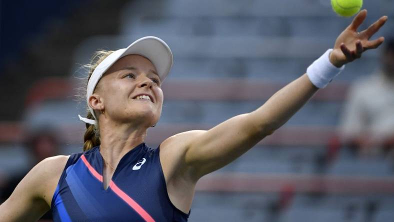 Aug 10, 2021; Montreal, Quebec, Canada; Harriet Dart of Great Britain serves against Bianca Andreescu of Canada (not pictured) during second round play at Stade IGA. Mandatory Credit: Eric Bolte-USA TODAY Sports.