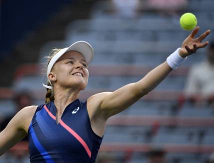 Aug 10, 2021; Montreal, Quebec, Canada; Harriet Dart of Great Britain serves against Bianca Andreescu of Canada (not pictured) during second round play at Stade IGA. Mandatory Credit: Eric Bolte-USA TODAY Sports.