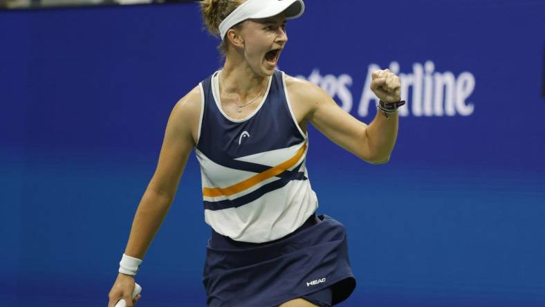 Sep 5, 2021; Flushing, NY, USA; Barbora Krejcikova of Czech Republic reacts after winning the first set against Garbine Muguruza of Spain (not pictured) on day seven of the 2021 U.S. Open tennis tournament at USTA Billie Jean King National Tennis Center. Mandatory Credit: Geoff Burke-USA TODAY Sports