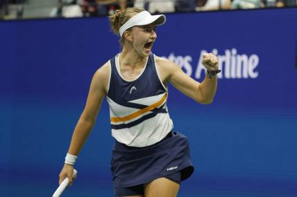 Sep 5, 2021; Flushing, NY, USA; Barbora Krejcikova of Czech Republic reacts after winning the first set against Garbine Muguruza of Spain (not pictured) on day seven of the 2021 U.S. Open tennis tournament at USTA Billie Jean King National Tennis Center. Mandatory Credit: Geoff Burke-USA TODAY Sports