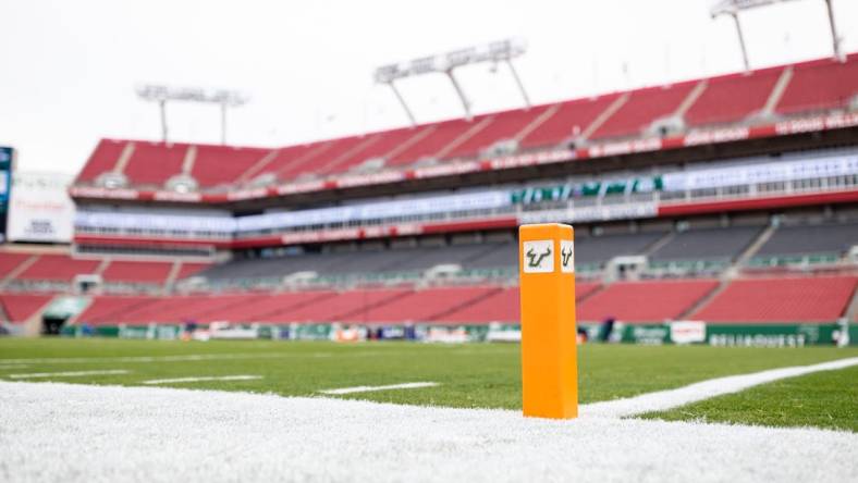 A pylon with a USF logo before the game between the Florida Gators and the South Florida Bulls at Raymond James Stadium in Tampa, FL on Saturday, September 11, 2021.

Flgai 091121 Gatorsfb Usf 1252 Mattpendleton