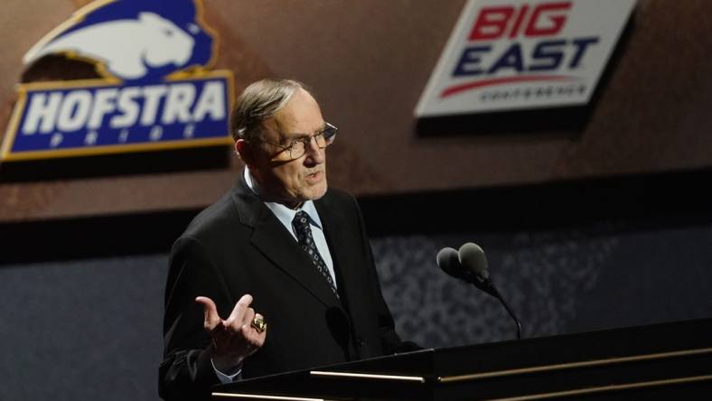 Sep 11, 2021; Springfield, MA, USA; Class of 2021 inductee Rick Adelman speaks during the Naismith Memorial Basketball Hall of Fame Enshrinement at MassMutual Center. Mandatory Credit: David Butler II-USA TODAY Sports