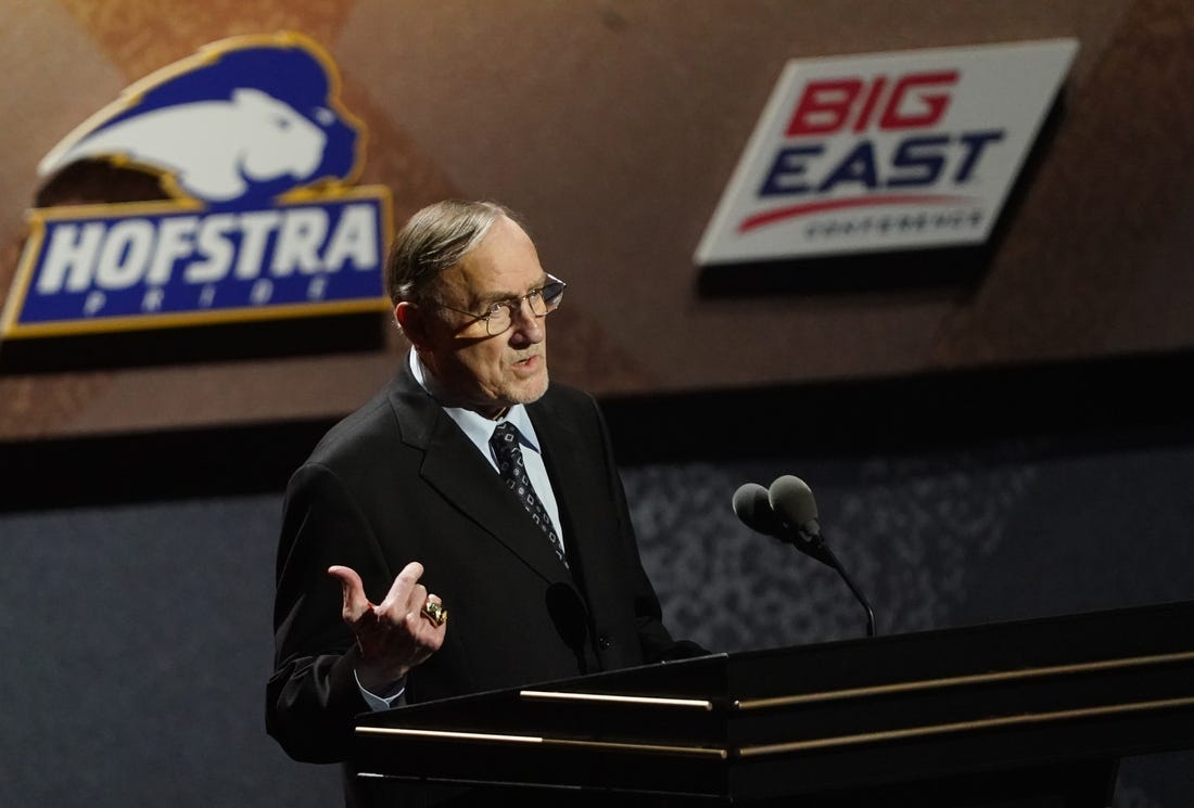 Sep 11, 2021; Springfield, MA, USA; Class of 2021 inductee Rick Adelman speaks during the Naismith Memorial Basketball Hall of Fame Enshrinement at MassMutual Center. Mandatory Credit: David Butler II-USA TODAY Sports