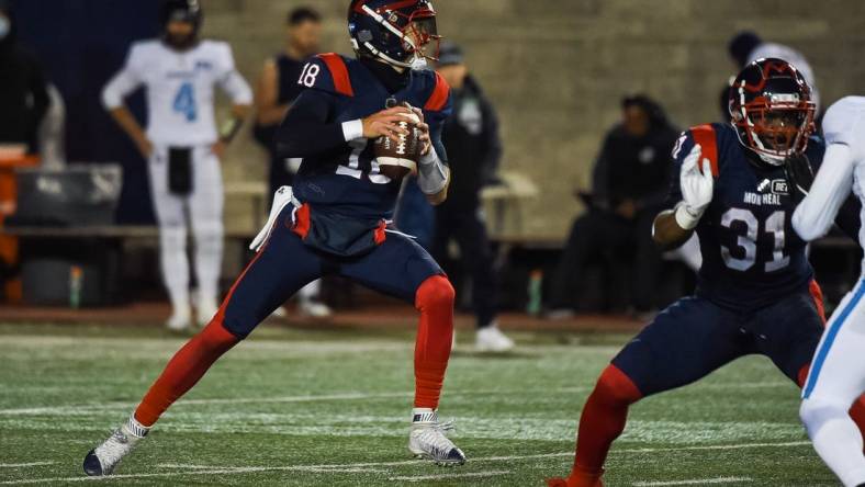 Oct 22, 2021; Montreal, Quebec, CAN; Montreal Alouettes quarterback Matthew Shiltz (18) passes the ball against the Toronto Argonauts  in the second quarter during a Canadian Football League game at Molson Stadium. Mandatory Credit: David Kirouac-USA TODAY Sports