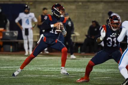 Oct 22, 2021; Montreal, Quebec, CAN; Montreal Alouettes quarterback Matthew Shiltz (18) passes the ball against the Toronto Argonauts  in the second quarter during a Canadian Football League game at Molson Stadium. Mandatory Credit: David Kirouac-USA TODAY Sports