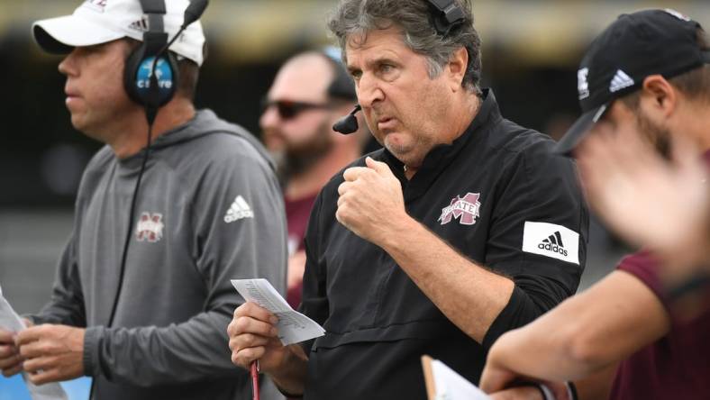 Oct 23, 2021; Nashville, Tennessee, USA; Mississippi State Bulldogs head coach Mike Leach during the first half against the Vanderbilt Commodores at Vanderbilt Stadium. Mandatory Credit: Christopher Hanewinckel-USA TODAY Sports