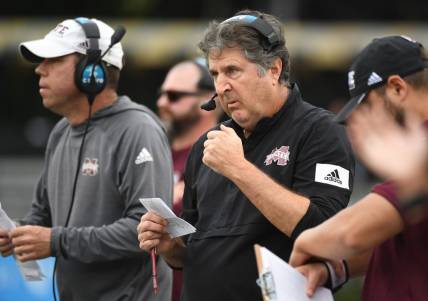 Oct 23, 2021; Nashville, Tennessee, USA; Mississippi State Bulldogs head coach Mike Leach during the first half against the Vanderbilt Commodores at Vanderbilt Stadium. Mandatory Credit: Christopher Hanewinckel-USA TODAY Sports