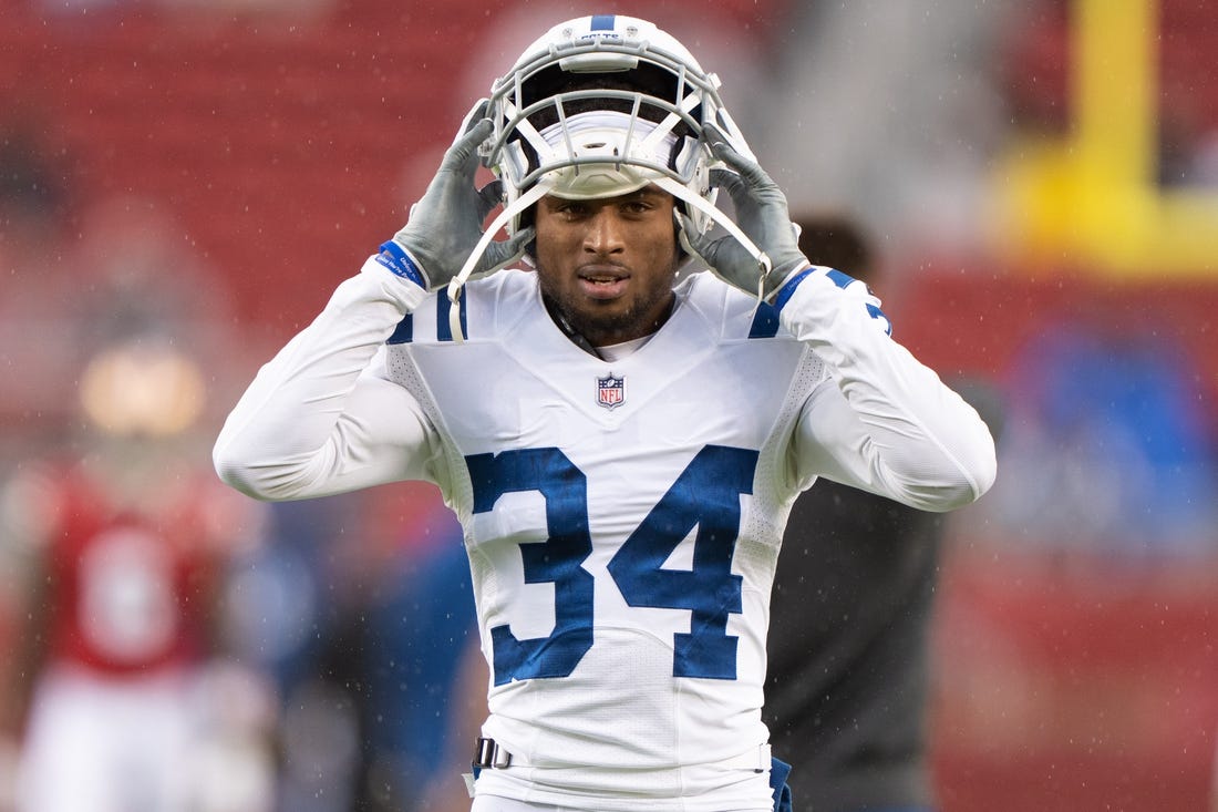 Oct 24, 2021; Santa Clara, California, USA;  Indianapolis Colts cornerback Isaiah Rodgers (34) before the game against the San Francisco 49ers at Levi's Stadium. Mandatory Credit: Stan Szeto-USA TODAY Sports