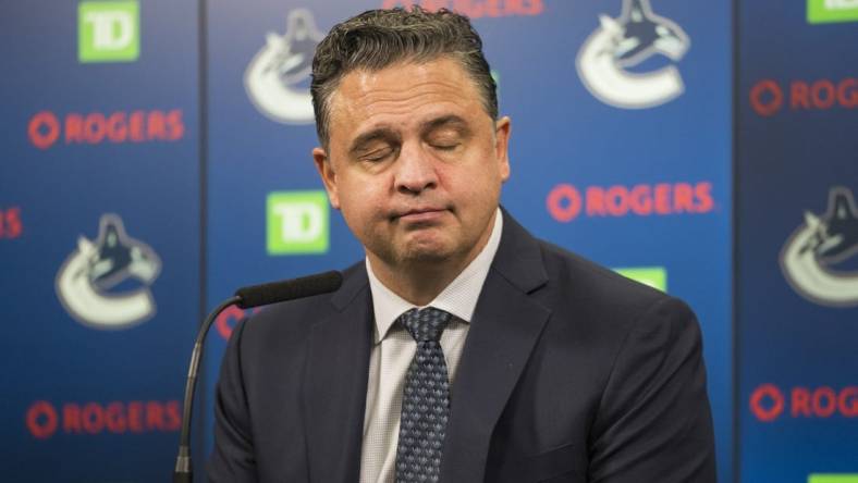 Nov 17, 2021; Vancouver, British Columbia, CAN; Vancouver Canucks head coach Travis Green addresses the media in the post game press conference after the Canucks suffered their fifth straight loss after a game against the Colorado Avalanche at Rogers Arena. Colorado won 4-2. Mandatory Credit: Bob Frid-USA TODAY Sports