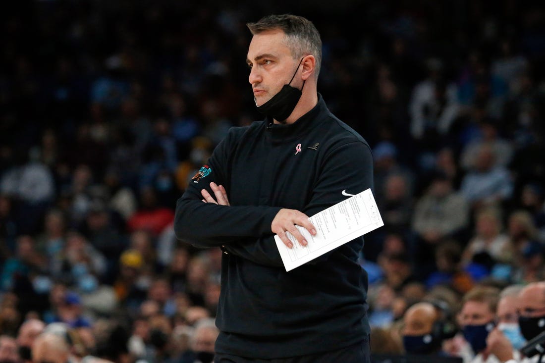 Jan 14, 2022; Memphis, Tennessee, USA; Memphis Grizzles acting head coach Darko Rajakovic watches during the first half against the Dallas Mavericks at FedExForum. Mandatory Credit: Petre Thomas-USA TODAY Sports