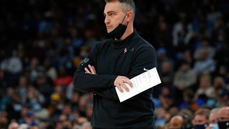 Jan 14, 2022; Memphis, Tennessee, USA; Memphis Grizzles acting head coach Darko Rajakovic watches during the first half against the Dallas Mavericks at FedExForum. Mandatory Credit: Petre Thomas-USA TODAY Sports