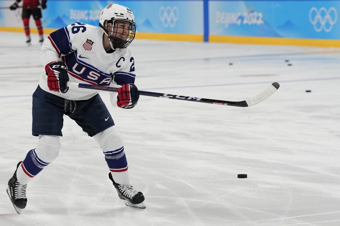 Feb 17, 2022; Beijing, China; Team United States forward Kendall Coyne Schofield (26) shoots a puck during warmups prior to the game against Team Canada during the Beijing 2022 Olympic Winter Games at Wukesong Sports Centre. Mandatory Credit: George Walker IV-USA TODAY Sports