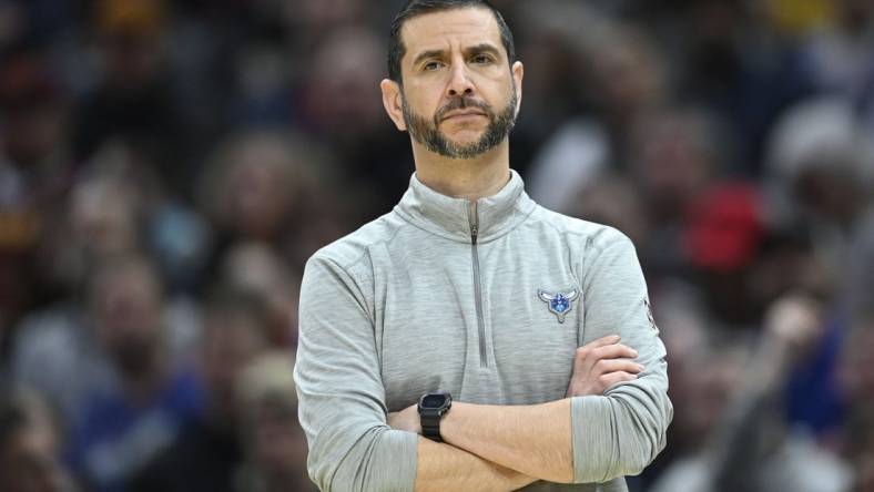 Mar 2, 2022; Cleveland, Ohio, USA; Charlotte Hornets head coach James Borrego reacts in the third quarter against the Cleveland Cavaliers at Rocket Mortgage FieldHouse. Mandatory Credit: David Richard-USA TODAY Sports