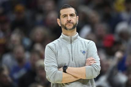 Mar 2, 2022; Cleveland, Ohio, USA; Charlotte Hornets head coach James Borrego reacts in the third quarter against the Cleveland Cavaliers at Rocket Mortgage FieldHouse. Mandatory Credit: David Richard-USA TODAY Sports