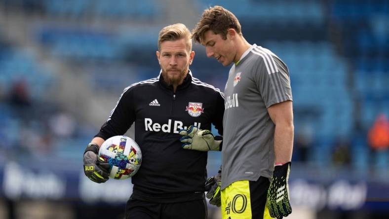 February 26, 2022; San Jose, California, USA; New York Red Bulls goalkeeper coach Jyri Nieminen (left) and goalkeeper A.J. Marcucci (40) before the game against the San Jose Earthquakes at PayPal Park. Mandatory Credit: Kyle Terada-USA TODAY Sports