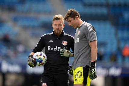February 26, 2022; San Jose, California, USA; New York Red Bulls goalkeeper coach Jyri Nieminen (left) and goalkeeper A.J. Marcucci (40) before the game against the San Jose Earthquakes at PayPal Park. Mandatory Credit: Kyle Terada-USA TODAY Sports