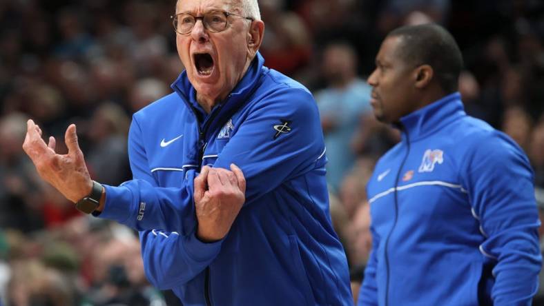 Memphis Tigers Assistant Coach Larry Brown yells out to his team as they take on the Gonzaga Bulldogs in their second round NCAA Tournament matchup on Saturday, March 19, 2022 at the Moda Center in Portland, Ore.

Jrca3748