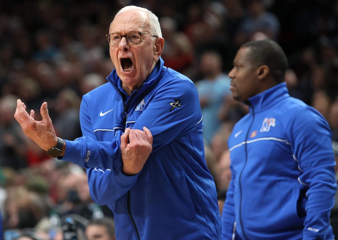 Memphis Tigers Assistant Coach Larry Brown yells out to his team as they take on the Gonzaga Bulldogs in their second round NCAA Tournament matchup on Saturday, March 19, 2022 at the Moda Center in Portland, Ore.

Jrca3748
